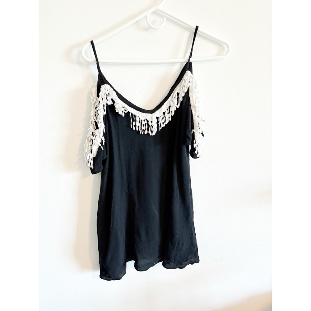 Lulus Black White Fringe Cold Shoulder Dress Size Small